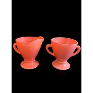 1930s Hazel Atlas Ovide Coral Creamer and Sugar Set Depression Glass